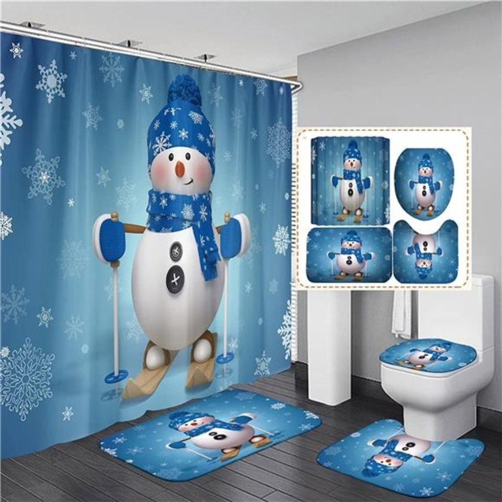4Pcs Christmas Snowman Shower Curtain Sets Winter Snowflake w/ 12 Hooks, 70.8×7